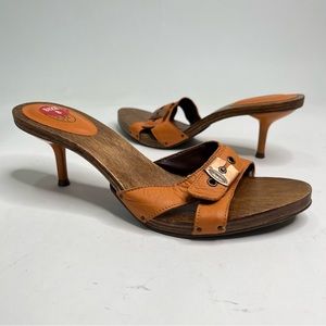 NEW Dr. Scholl’s Orange Leather Buckle Brown Wooden Kitten Heel Clogs Sandals